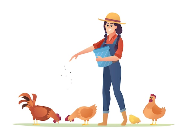 ilustração de uma agricultora alimentando galinhas