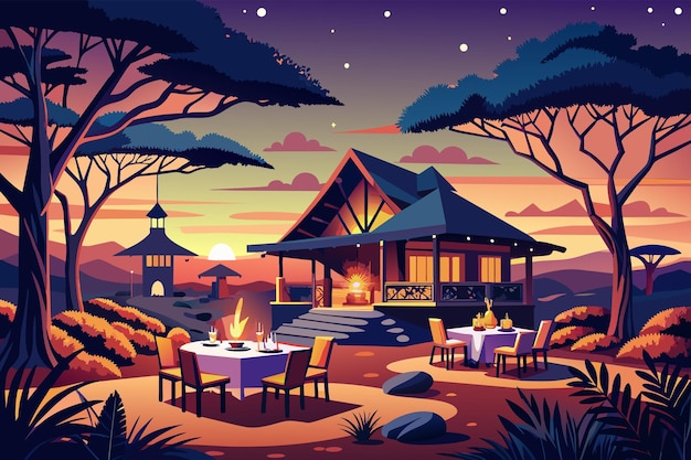 Vetor ilustração de uma área de jantar ao ar livre ao anoitecer com uma luxuosa tabela de pavilhão aberto preparada para o jantar cercada por árvores tropicais contra um fundo de montanhas e um céu estrelado