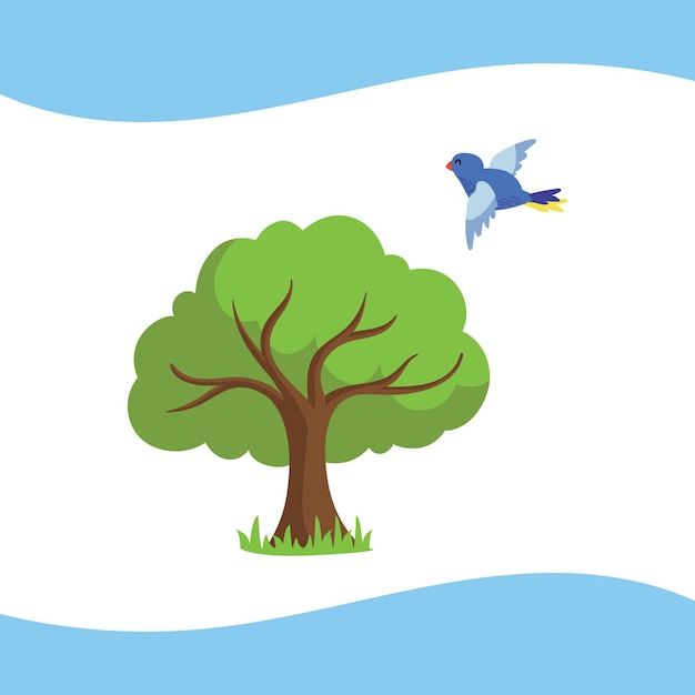 Ilustração de uma árvore com um pássaro azul perto dela