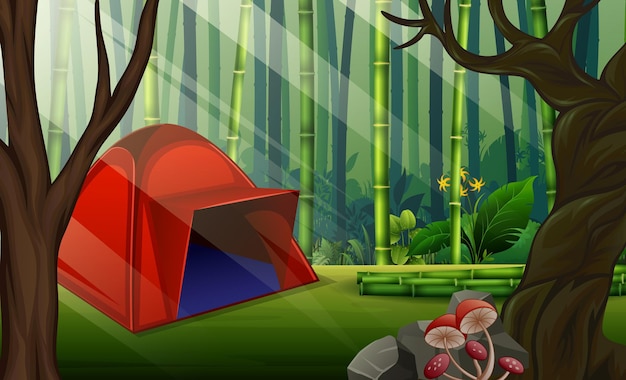 Ilustração de uma barraca de acampamento vermelha na floresta