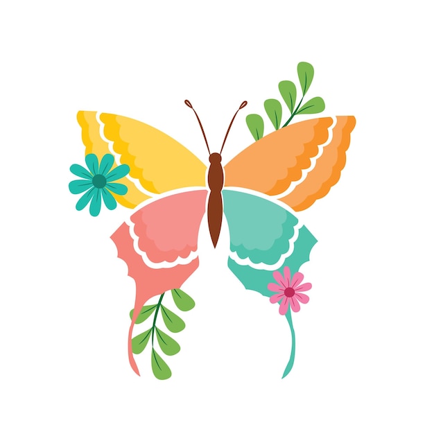 Vetor ilustração de uma borboleta de primavera colorida com folhas verdes decorativas