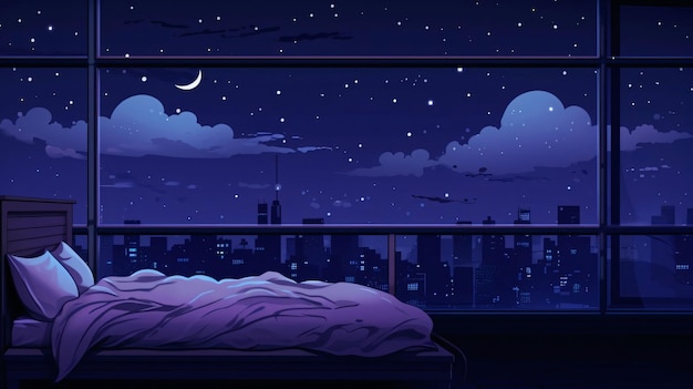 Vetor ilustração de uma cama em um quarto de hotel à noite com uma vista da cidade