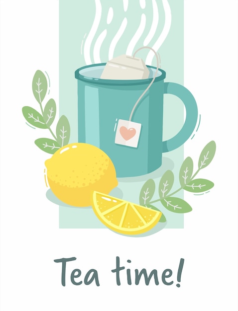 Ilustração de uma caneca com chá quente com limão