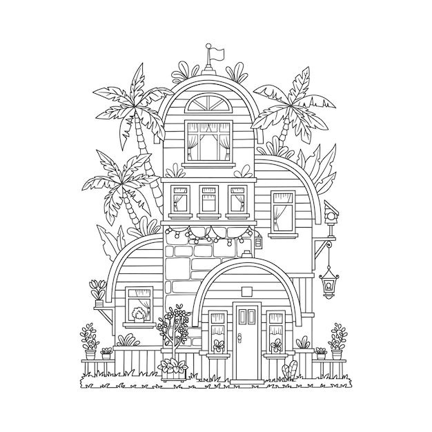 Ilustração de uma casa com um lindo jardim para um livro de colorir infantil