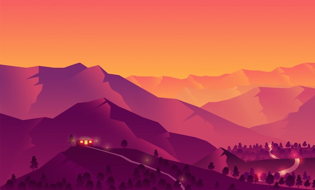 ilustração de uma casa no topo de uma montanha com um belo pôr do sol nas montanhas silhuetas de árvores e florestas