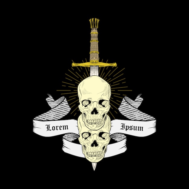 ilustração de uma caveira com espadas e fita