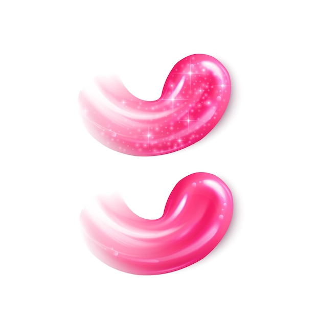 Ilustração de uma coleção de traços de batons líquidos, batom líquido rosa com textura de glitter em fundo branco. Elementos de design para promoção de cosméticos decorativos, formato vetorial