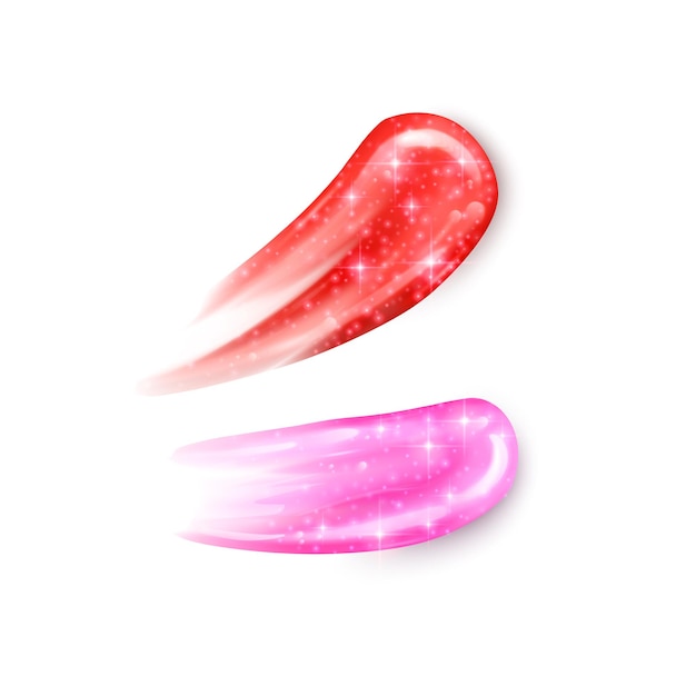 Ilustração de uma coleção de traços de batons líquidos, batom líquido rosa com textura de glitter em fundo branco. Elementos de design para promoção de cosméticos decorativos, formato vetorial