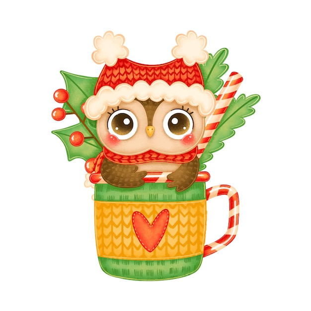 Ilustração de uma coruja de Natal bonito dos desenhos animados com chapéu vermelho e lenço em uma caneca de chá