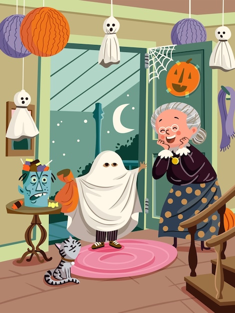 Ilustração de uma criança fantasiada de fantasma fazendo doces ou travessuras na casa de uma avó