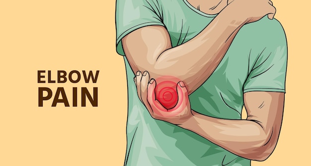 Ilustração de uma dor na articulação do cotovelo Um homem está segurando o cotovelo