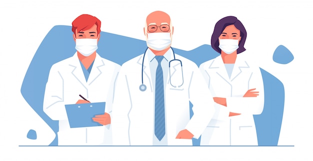 Vetor ilustração de uma equipe médica, grupo de médicos, médicos vestindo máscaras