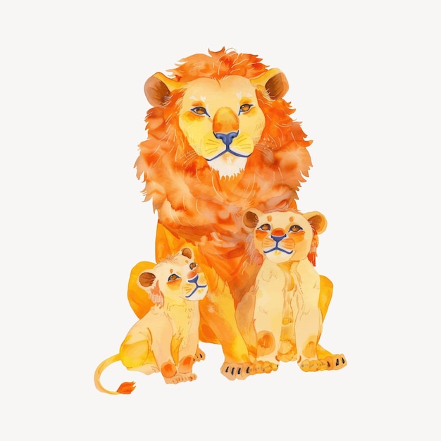 Ilustração de uma família de leões com um leão macho e dois filhotes O leão com uma crina majestosa