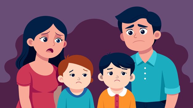 Ilustração de uma família preocupada com dois filhos