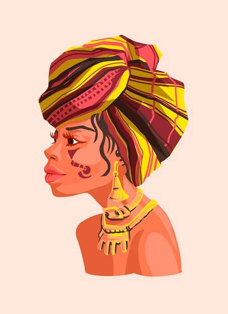 Ilustração de uma garota africana usando cachecóis e brincos de cabeça bonita. texto de mão exótica desenhada. usado para impressão design cartão usado para impressão design, banner, cartaz, modelo de panfleto.