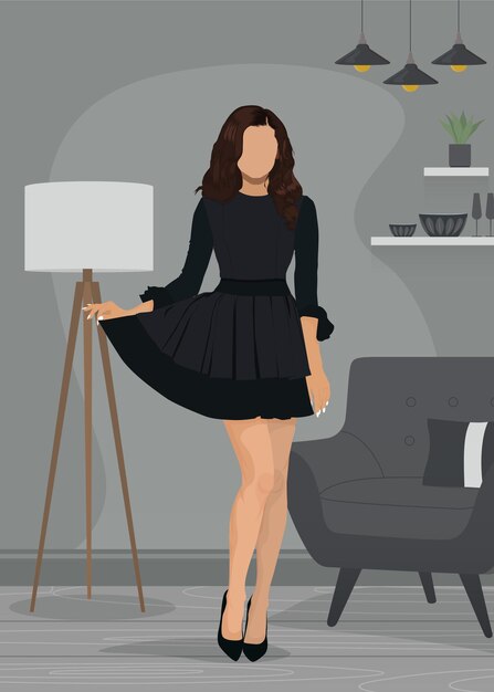 Vetor ilustração de uma garota loira vestindo um vestido de festa preto curto e saltos em um quarto mínimo