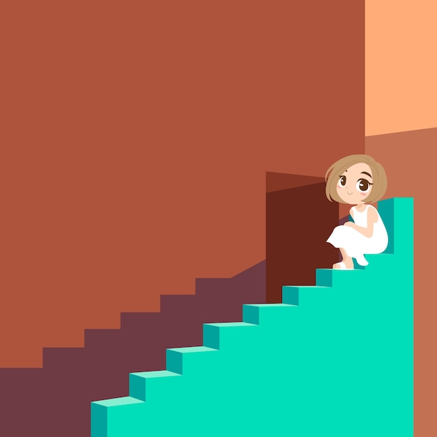 ilustração de uma garota sentada em um prédio marrom