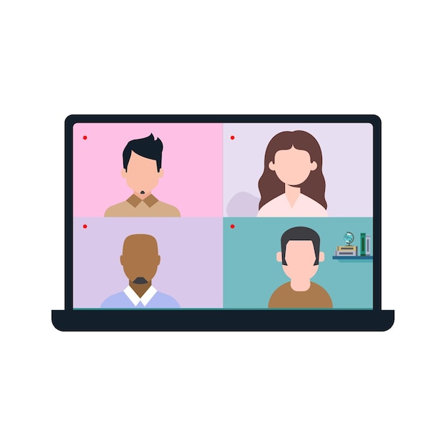Ilustração de uma interface de videochamada em um laptop mostrando quatro participantes