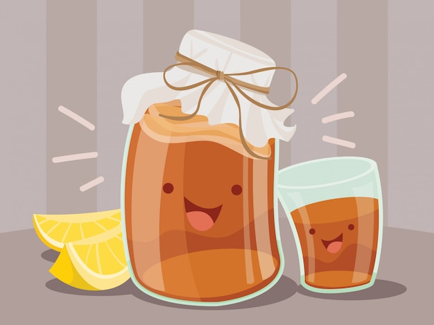 Vetor ilustração de uma jarra e um copo de feliz kombucha ou chá gelado