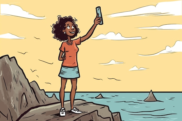 Ilustração de uma jovem afro tirando uma selfie à beira-mar