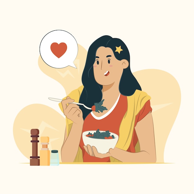 Ilustração de uma jovem comendo uma salada saudável