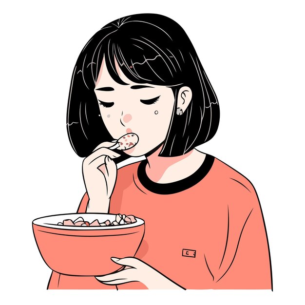 Vetor ilustração de uma jovem comendo uma tigela de cereais