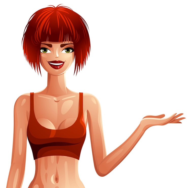 Vetor ilustração de uma jovem mulher bonita com corte de cabelo elegante. desenho vetorial colorido de senhora ruiva, garota caucasiana, mostrando algo ao lado com a mão. esporte, fitness e estilo de vida saudável.