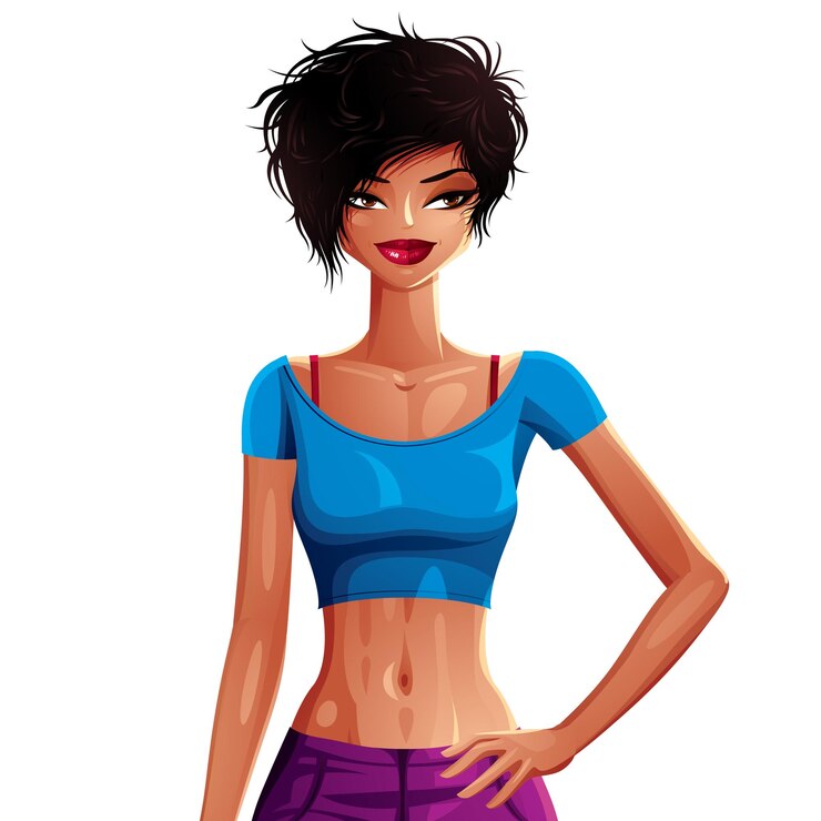 Vetor ilustração de uma jovem mulher bonita com um corte de cabelo elegante. desenho colorido de uma senhora coquete, garota casual bronzeada segurando a mão na cintura.