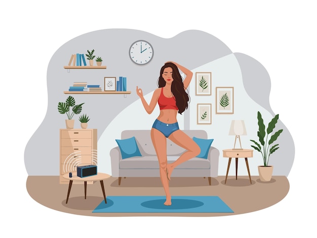 Ilustração de uma jovem praticando ioga em casa em um apartamento de sala de estar tranquilo e aconchegante