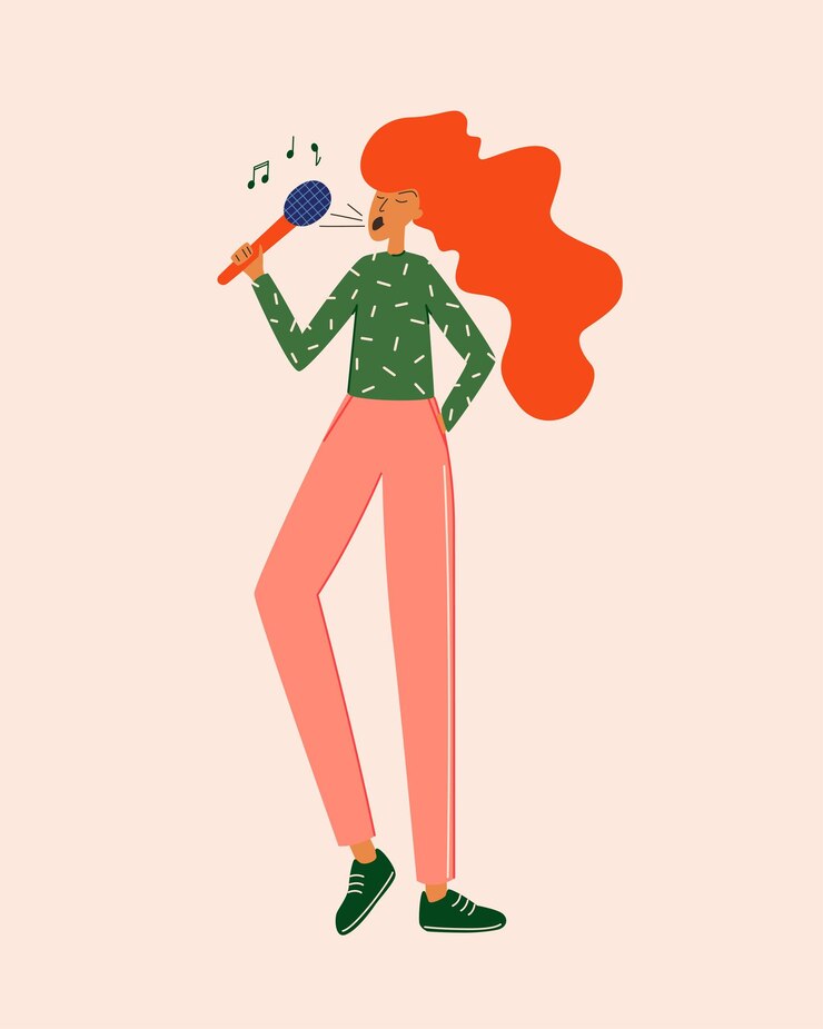 Ilustração de uma jovem que canta karaokê