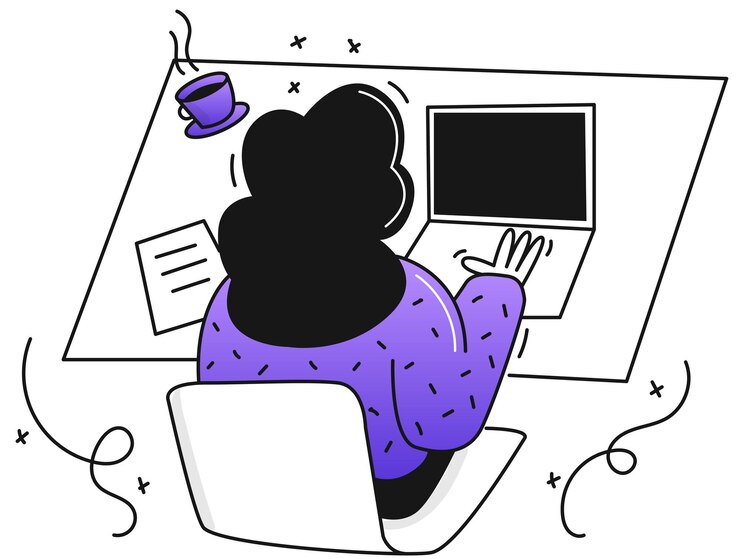 Vetor ilustração de uma jovem trabalhando em um computador em casa