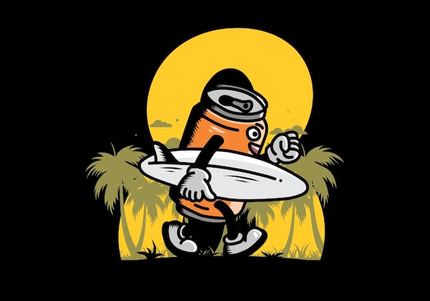 Ilustração de uma lata de bebida segurando uma prancha de surf