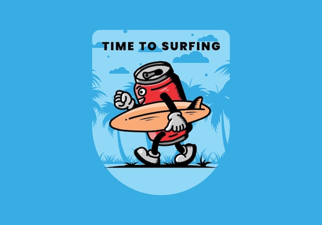 Ilustração de uma lata de bebida segurando uma prancha de surf