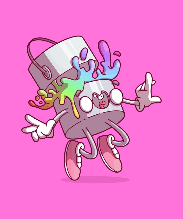 Vetor ilustração de uma lata de tinta pulando e derramando a tinta