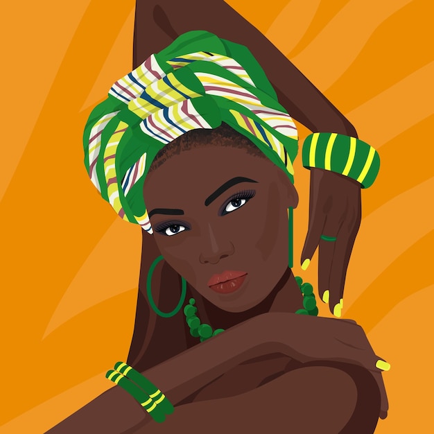 Ilustração de uma linda garota de pele escura em flores em um fundo laranja