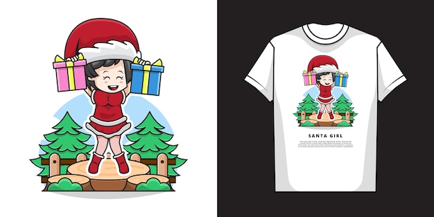 Ilustração de uma linda garota vestindo fantasia de papai noel e segurando um presente de natal com design de camiseta