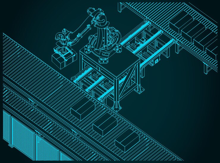 Vetor ilustração de uma linha de transporte robótica de fábrica