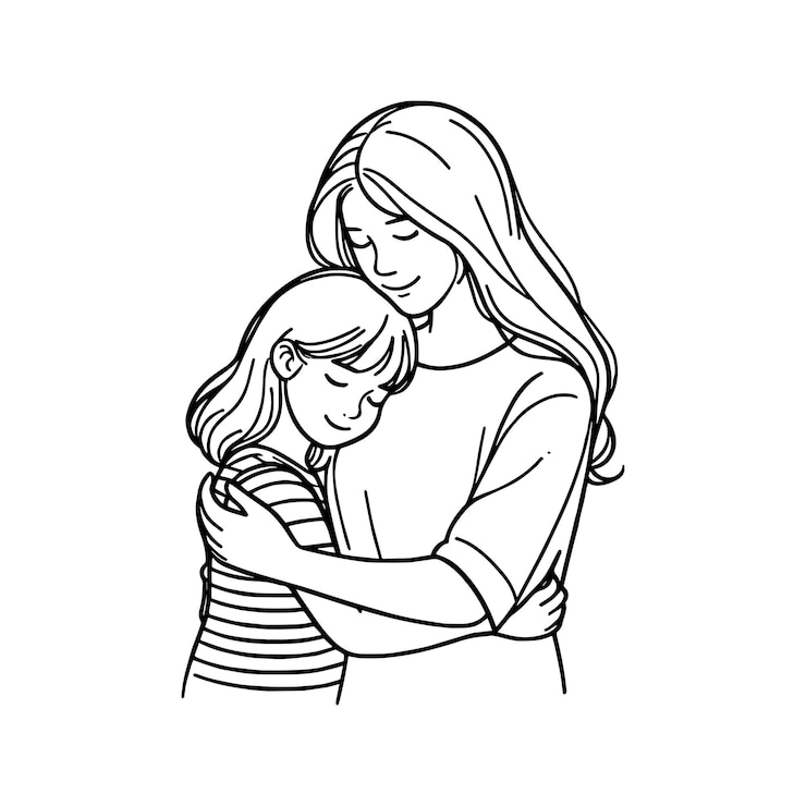 Vetor ilustração de uma mãe abraçando sua filha com amor em estilo de linha de arte simples em preto e branco