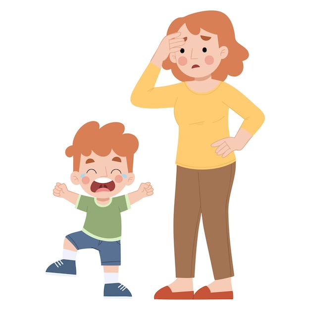 Ilustração de uma mãe enfrentando um filho com ataques de raiva