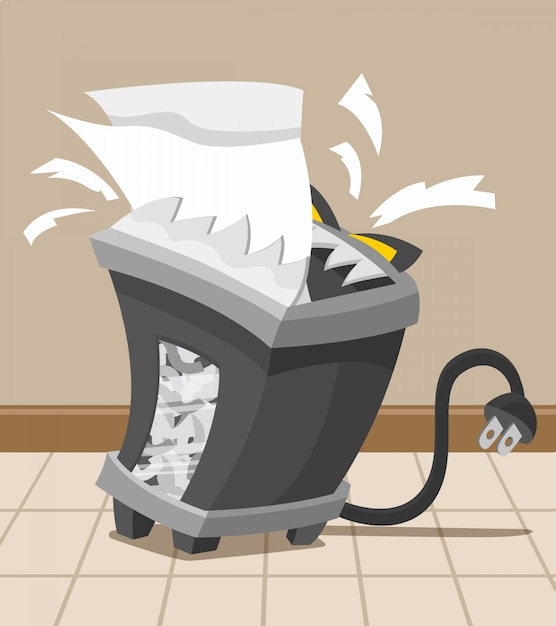 Vetor ilustração de uma máquina trituradora com raiva comendo alguns papéis