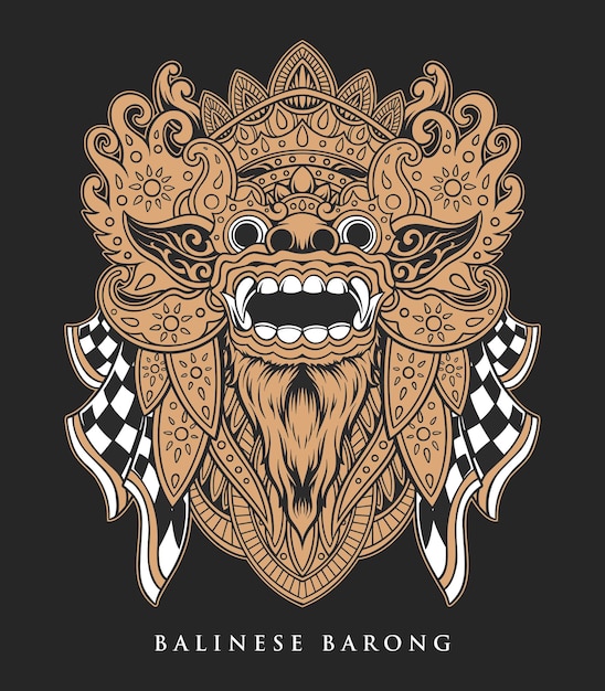 Ilustração de uma máscara balinesa de Barong com alto vetor detalhado em estilo monocromático