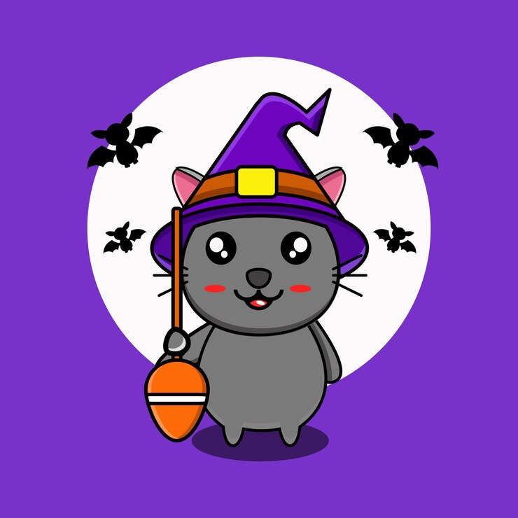 Vetor ilustração de uma mascote de design vetorial bonita de um gato bruxo com uma vassoura voadora