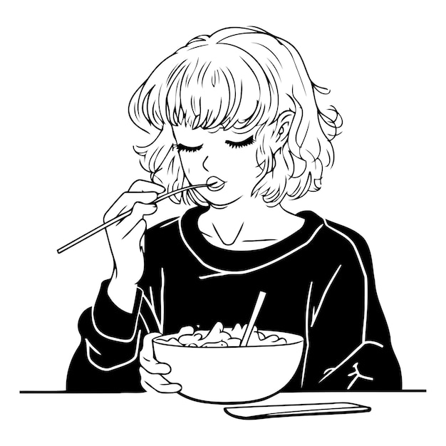 Vetor ilustração de uma menina comendo uma tigela de cereais com pauzinhos