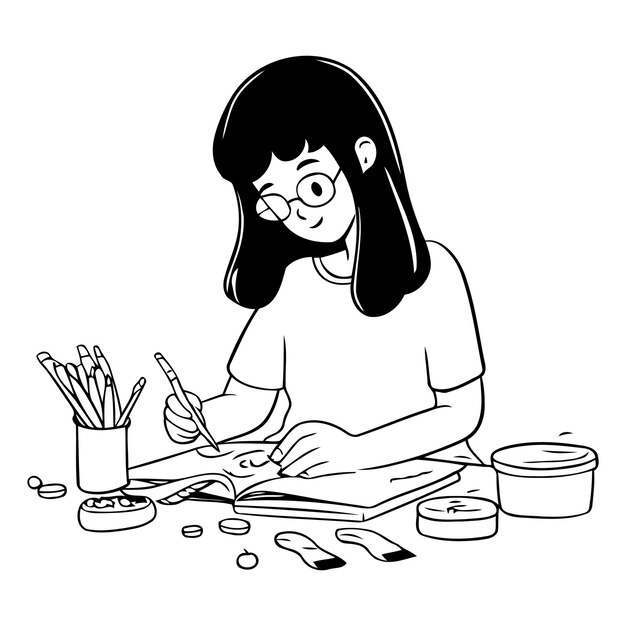 Ilustração de uma menina fazendo seu trabalho de casa com uma máscara facial