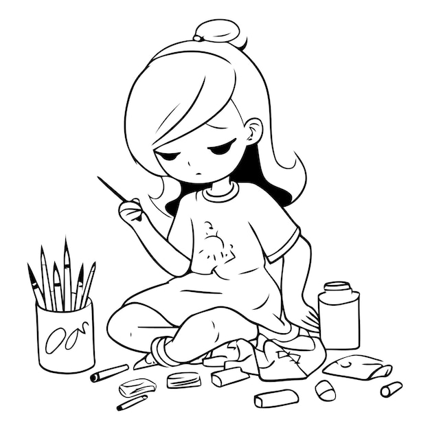 Vetor ilustração de uma menina pintando com um pincel e tintas