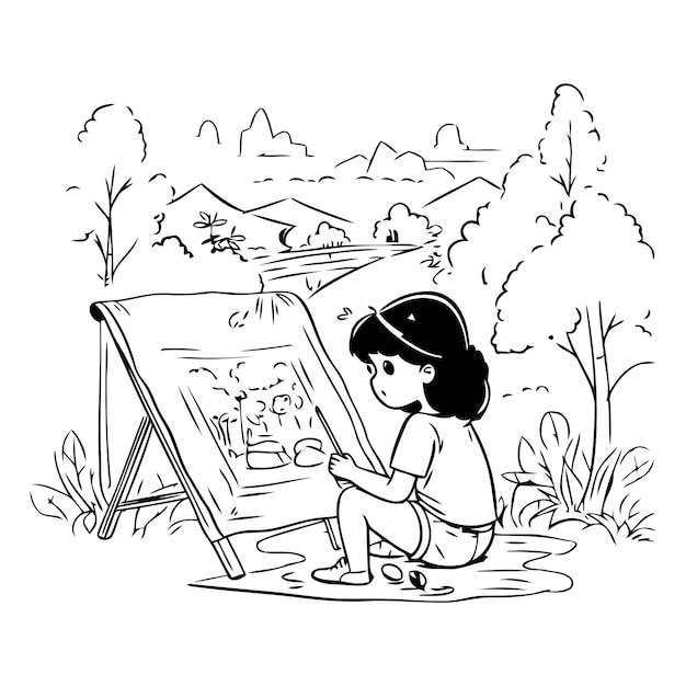 Vetor ilustração de uma menina pintando no parque