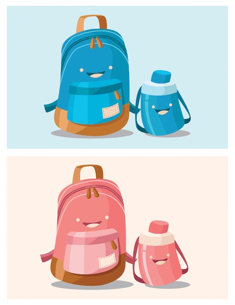 Vetor ilustração de uma mochila azul e rosa com garrafas de água