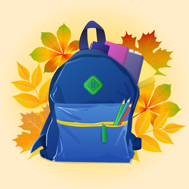 Ilustração de uma mochila escolar com folhas no fundo