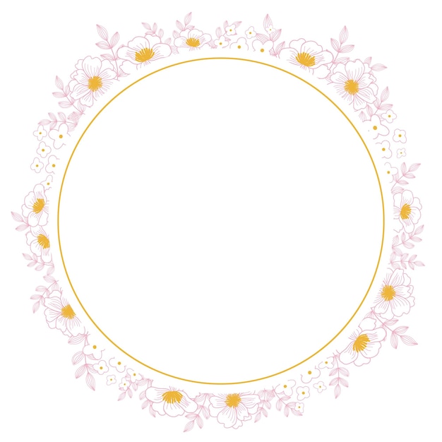 Ilustração de uma moldura redonda floral com flores rosa de contornoframe para texto adequado para cartão postal