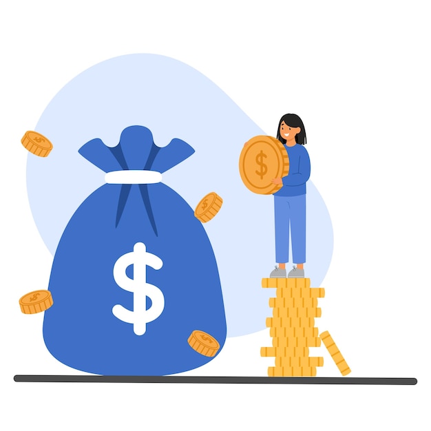 Ilustração de uma mulher adicionando uma grande moeda a um saco de dinheiro Ideia de aumentar os ativos financeiros